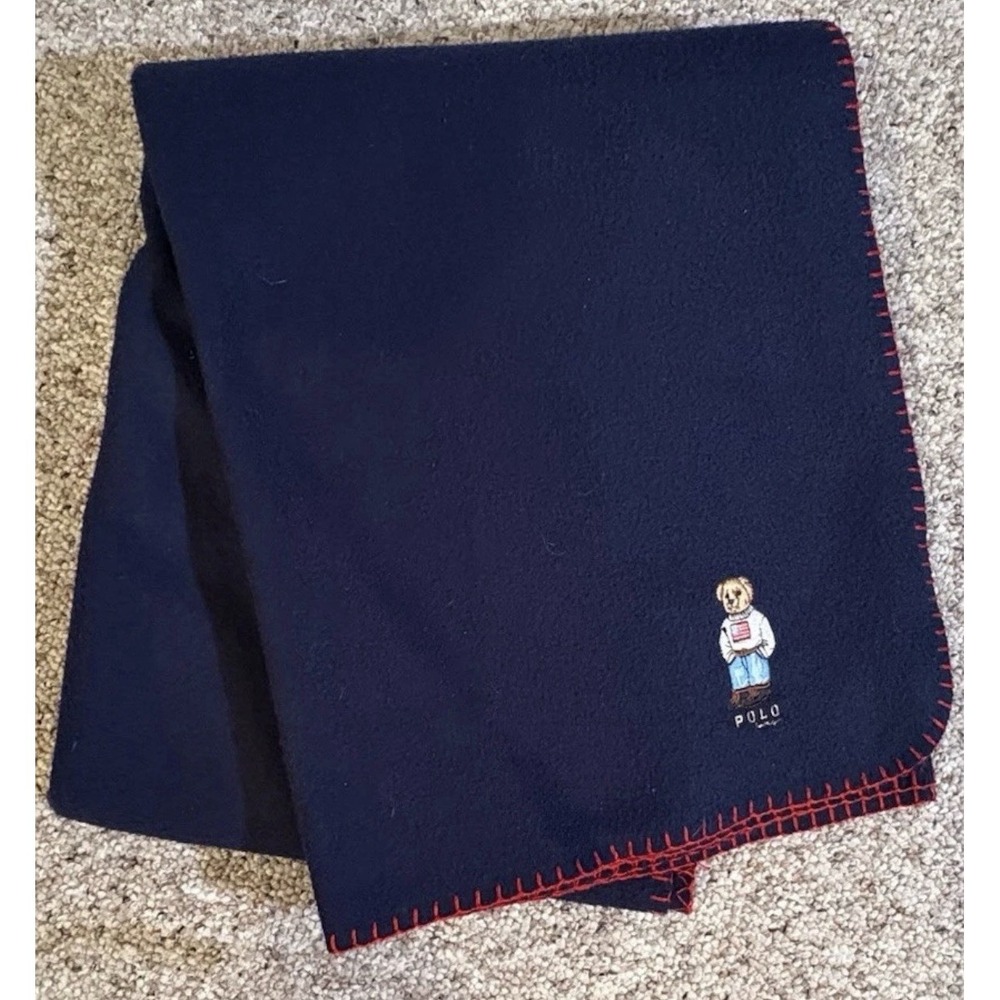 Ralph Lauren Polo Bear Plush Throw Blanket Fleece Navy Blue 50 X 70